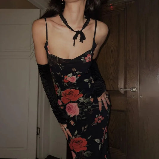 Retro Floral Backless Slim Maxi Dress