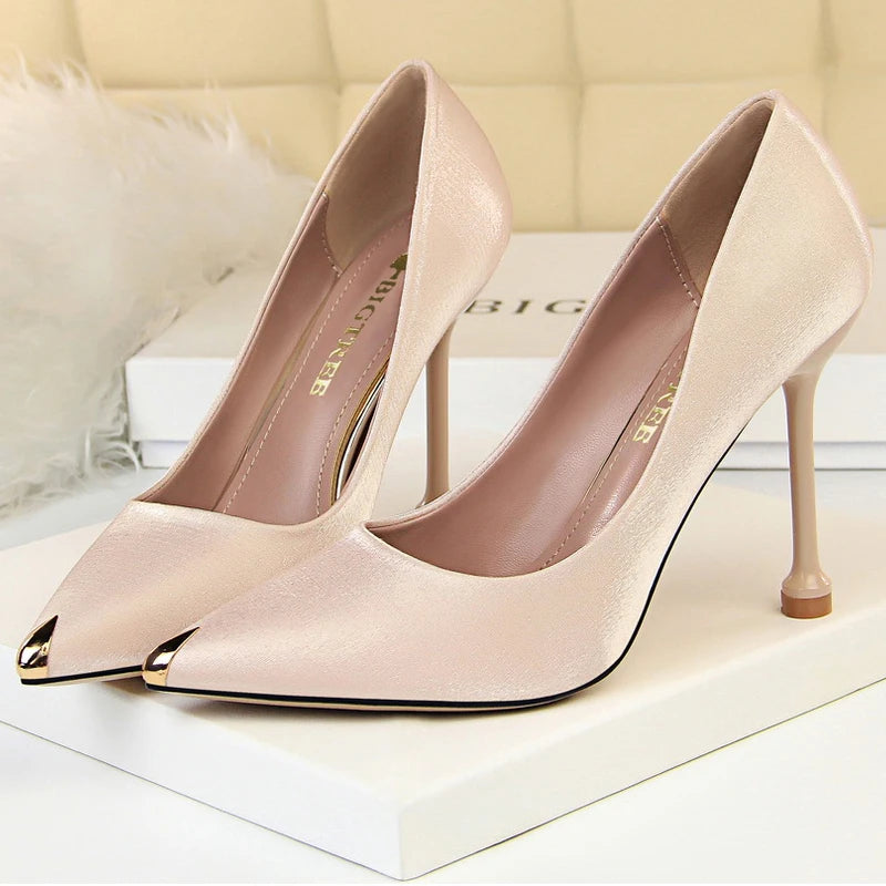 Luxurious Satin High Heel Pumps with Metal Tip Stiletto for Spring Banquets