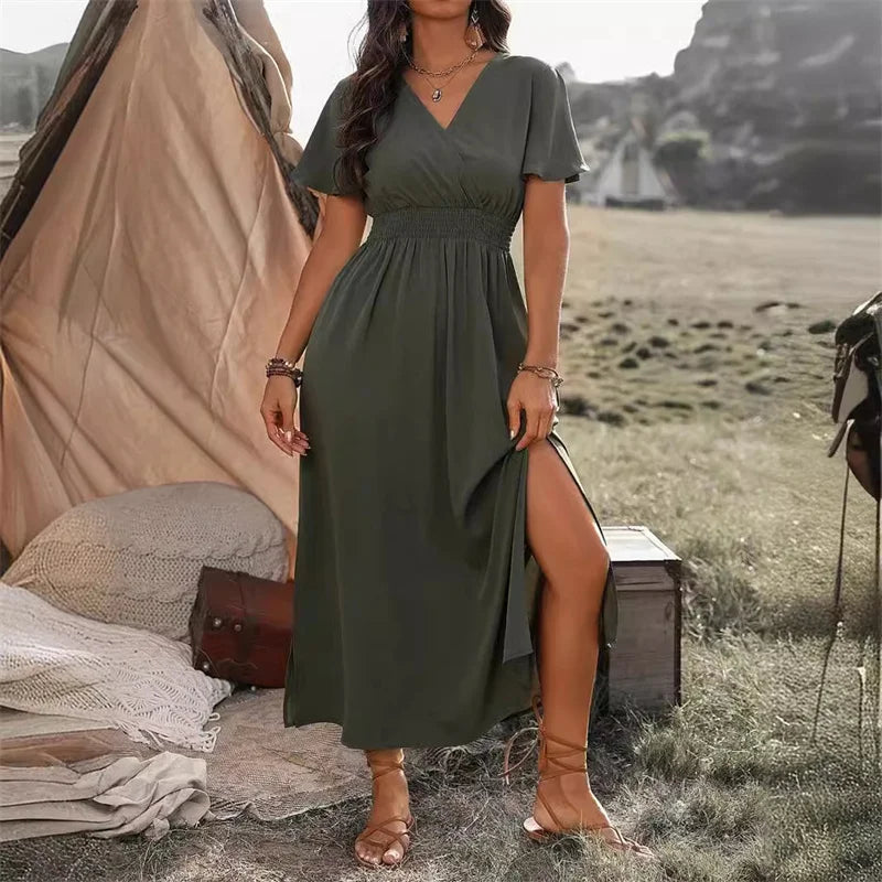 Surplice V-Neck Smocked Waist Flutter Sleeve Maxi Dress