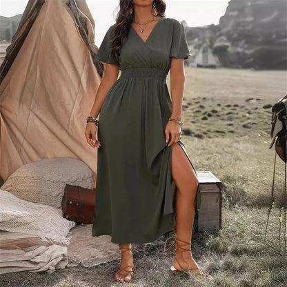 Wrap V-Neck Smocked Waist Flutter Sleeve Side-Slit Maxi Dress