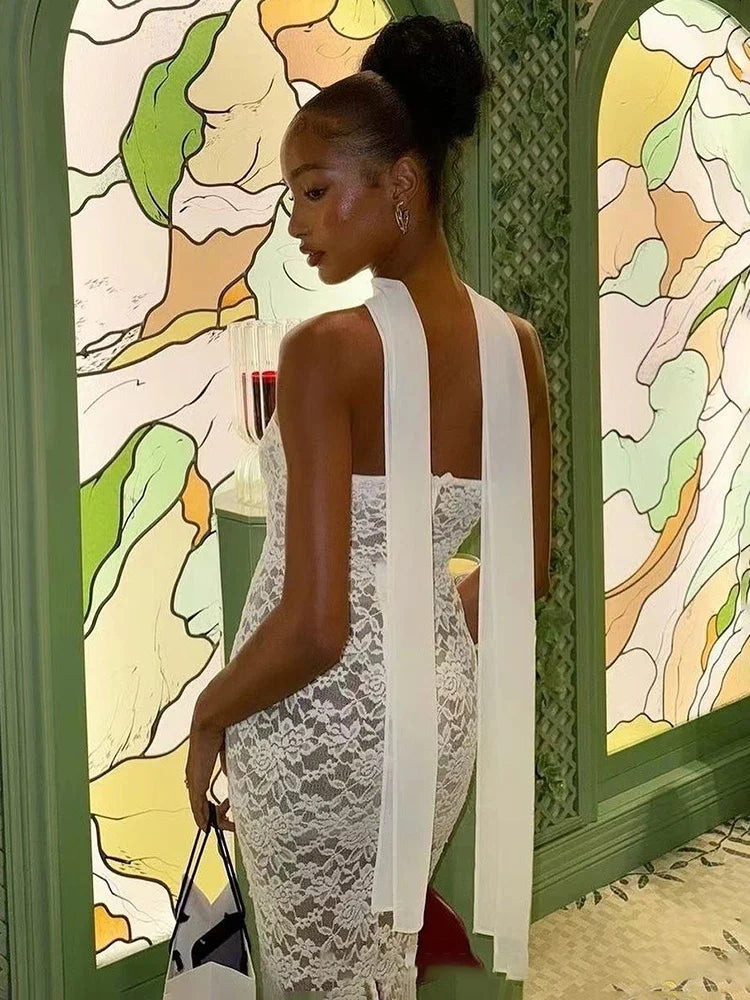 Lace Ribbon Strapless Sheer Maxi Dress