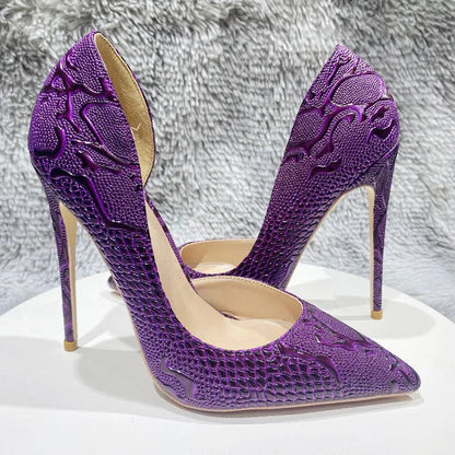 Purple Crocodile Embossed Pointy Toe Slip On High Heel Shoes for Women