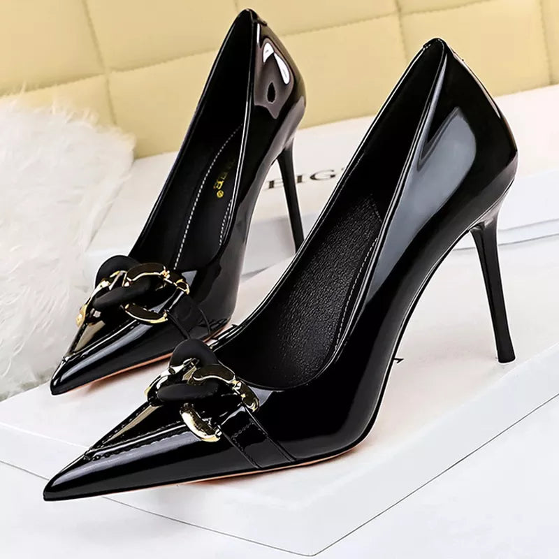Metal Button Woman Pumps Patent Leather High Heels Sexy Party Shoes Stiletto Heels Luxurious