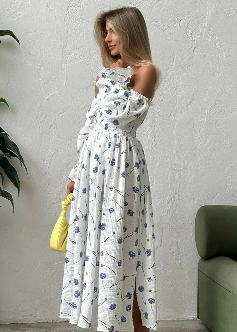 Off-Shoulder Smocked Puff Sleeve Floral Print Crinkled Midi Dress