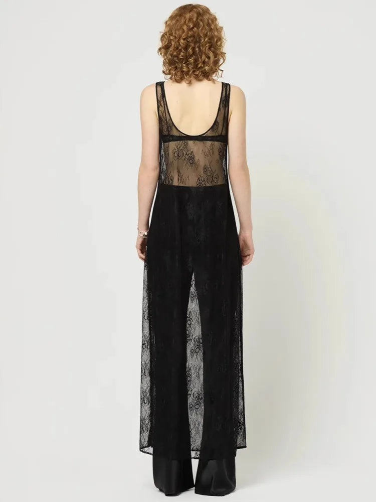 See Through Lace Hollow Out U Neck Sleeveless Vacation Dress