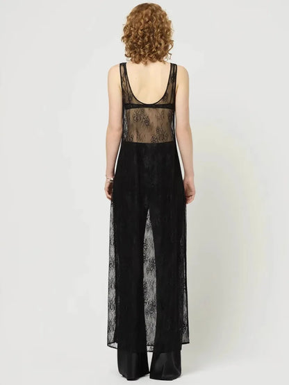 See Through Lace Hollow Out U Neck Sleeveless Vacation Dress