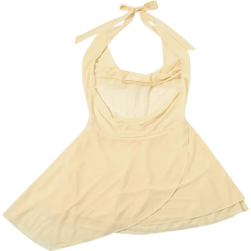 Halter Neck Plunging Cowl Ruffle Layered Hem Mini Dress