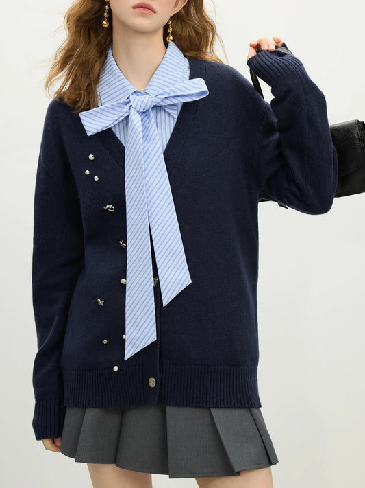Wool Navy V-neck Beaded Knit Cardigan