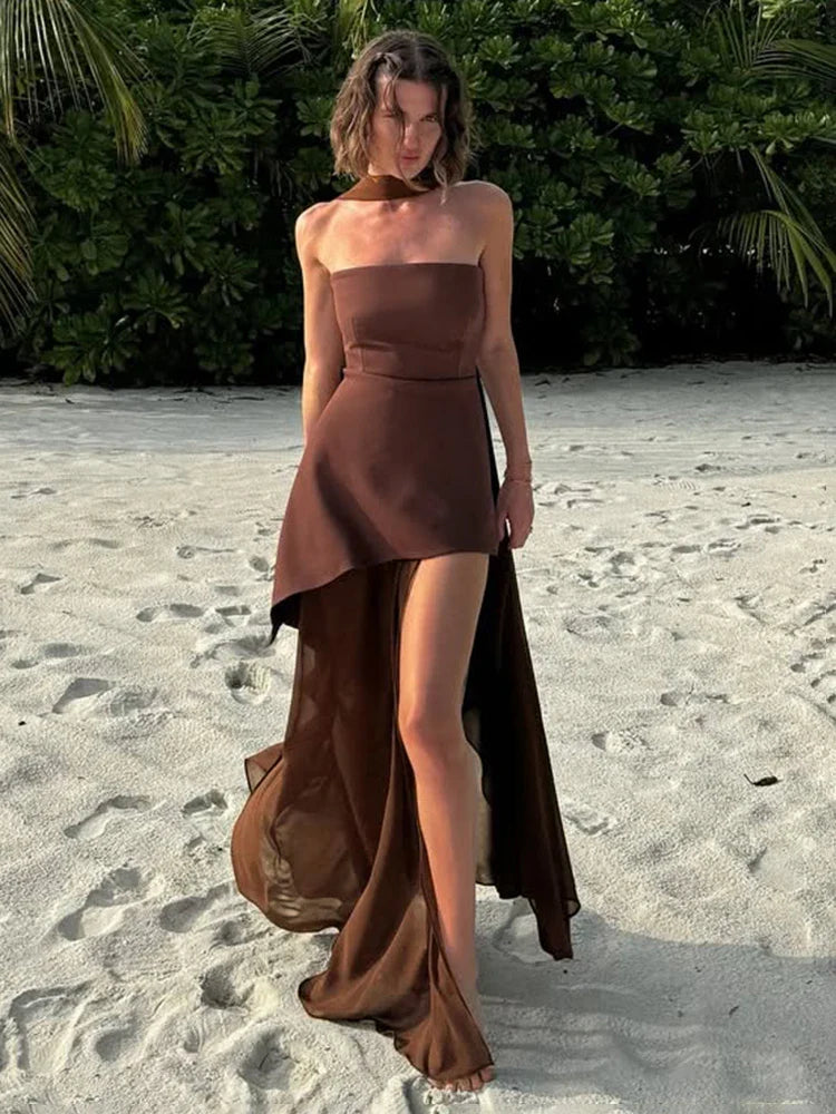 Strapless Ribbon Mesh Beach Maxi Dress