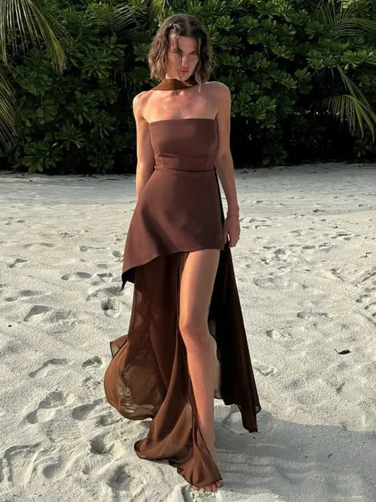 Strapless Ribbon Mesh Beach Maxi Dress