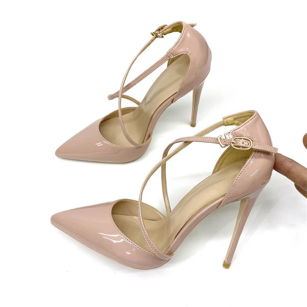 White Glossy Patent Cross Strap Stiletto Pumps for Women