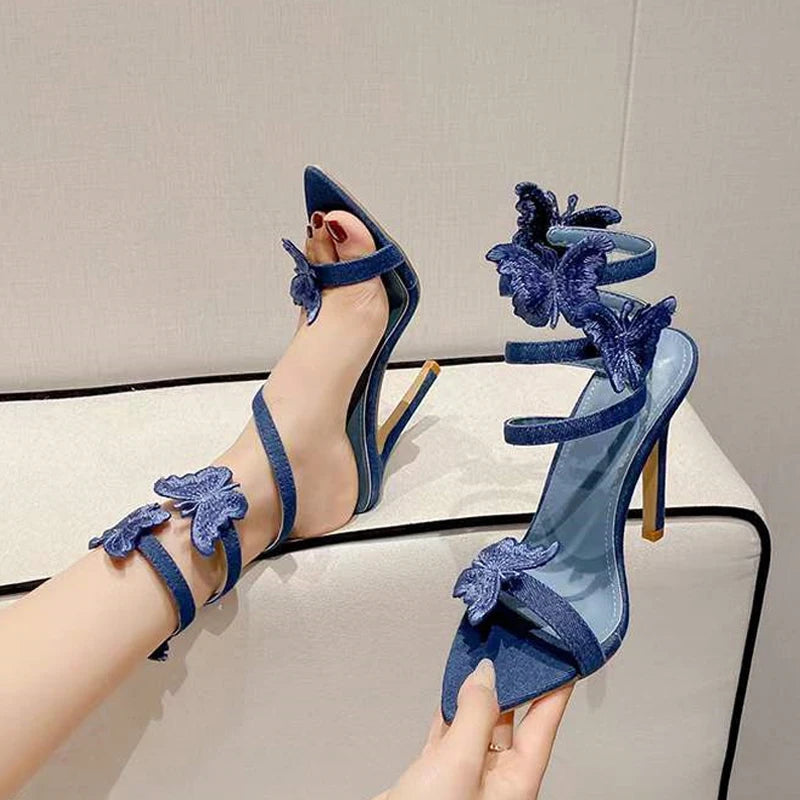 Embroidery Butterfly Ankle Strap Sandals for Women