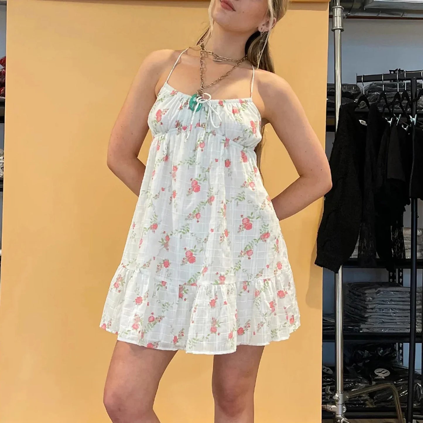 Cross Bandage Floral Mini Vacation Dress