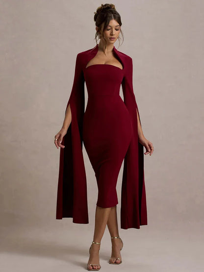 Cape Sleeve Slit Bodycon Midi Dress