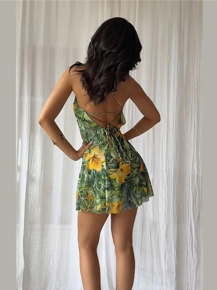 Printed Lace Up Slip Mini Dress