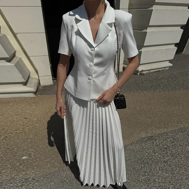 Button Lapel Pleated Skirt Coat