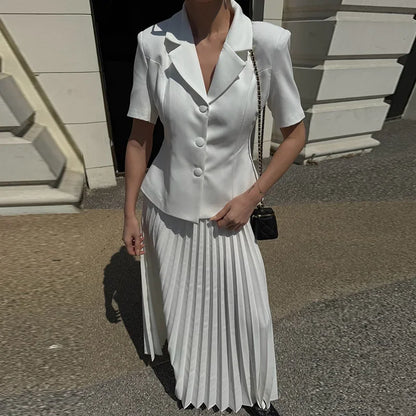 Button Lapel Pleated Skirt Coat