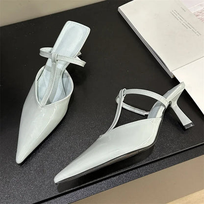 Patent Leather Hollow Out Slippers with Thin Heels and Pointed Toe for Women