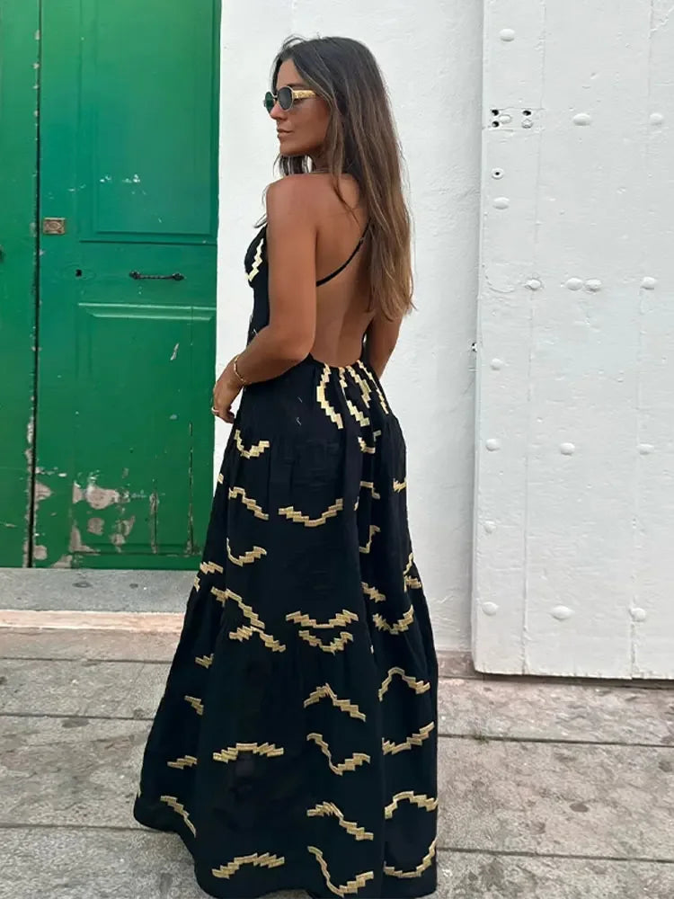 Geometric Zigzag Print Backless Spaghetti Strap Tiered Maxi Dress