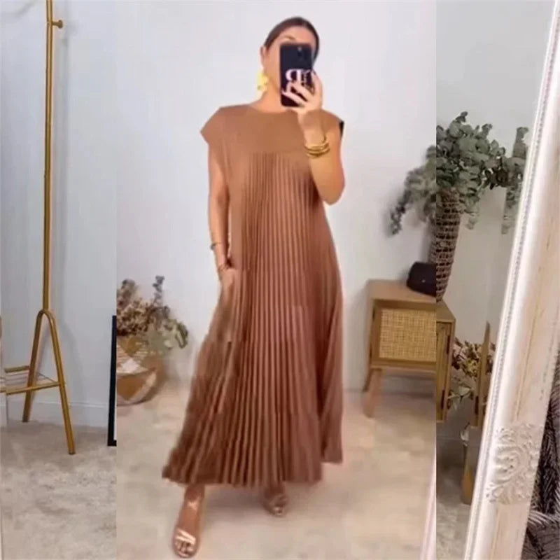 Micro Pleated Round Neck Cap Sleeve A-Line Midi Dress