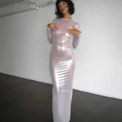 O-neck Full Sleeve Solid Color Mesh Dress