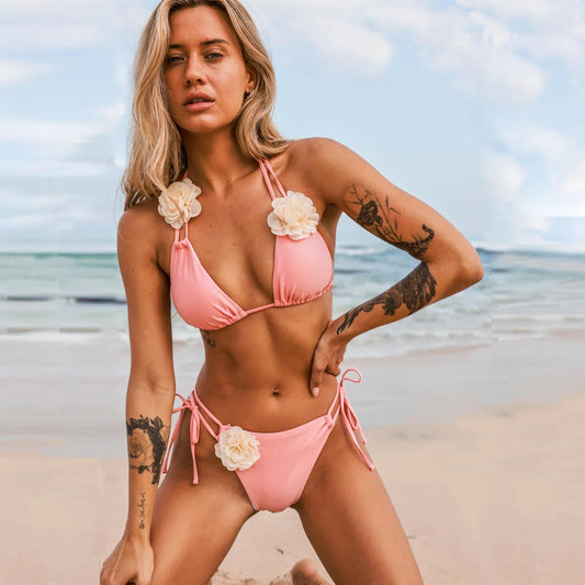 3D Floral Halter Bikini Set