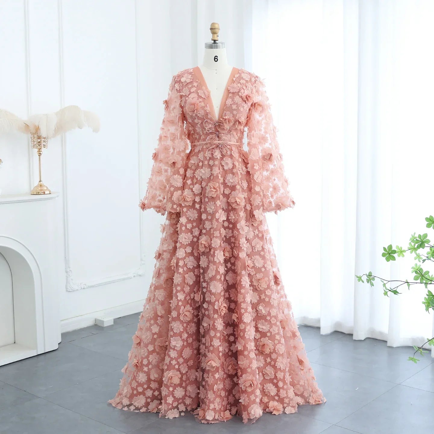 Peach-Pink 3D Flowers Bell Long Sleeves Prom Dress