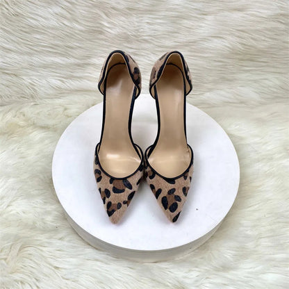 Brown Leopard Hairy Flock Pointy Toe High Heel Shoes