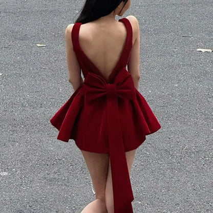 Red Bow Dress A Line Spaghetti Straps Backless