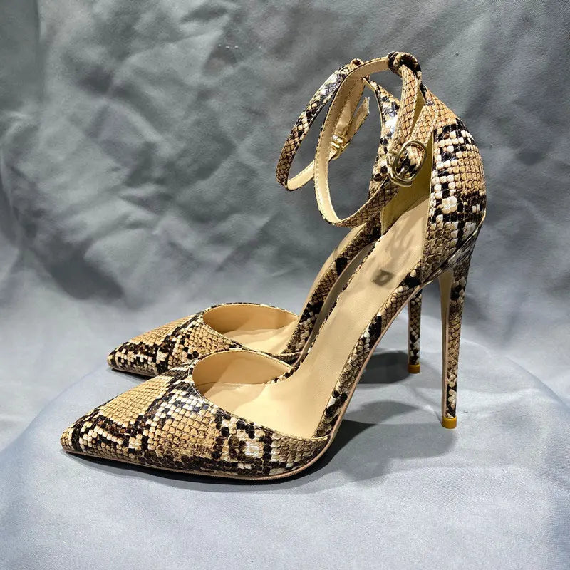 Beige Brown Snakeskin Pointy Toe Ankle Strap High Heel Shoes for Women