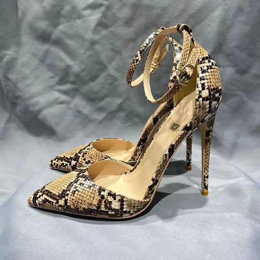 Beige Brown Snakeskin Pointy Toe Ankle Strap High Heel Shoes for Women