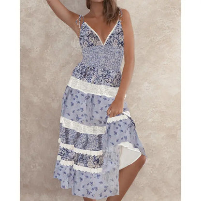 Lace Trim V-Neck Floral Vacation Dress