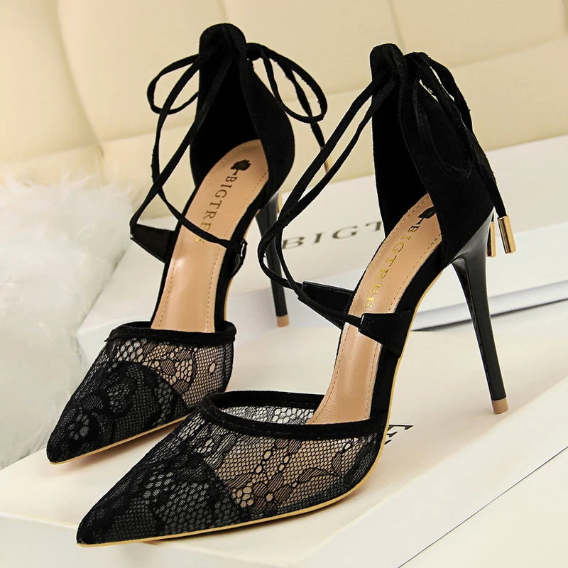 Cross Straps Women Sandals Mesh Lace High Heels Stiletto Party Shoes