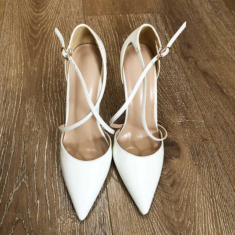 White Glossy Patent Cross Strap Stiletto Pumps for Women