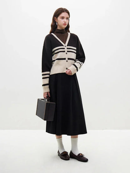 Wool Pink Stripe V-neck Short Cardigan