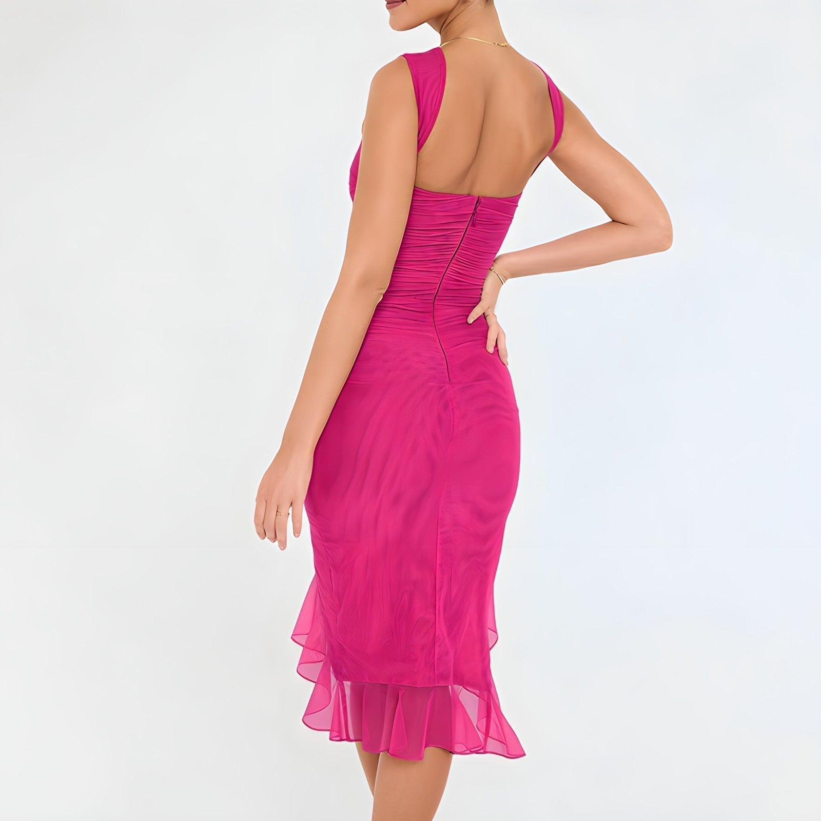 Sleeveless Round Neck Ruched Tiered Ruffle Hem High Split Midi Dress