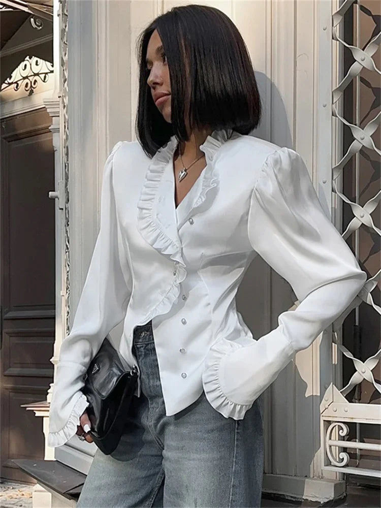 TAIVIMART  -  White Ruffled Vintage Shirts For Women Patchwork V-Neck Long Sleeve Autumn Elegant Streetwear Female Cardigan Blouses