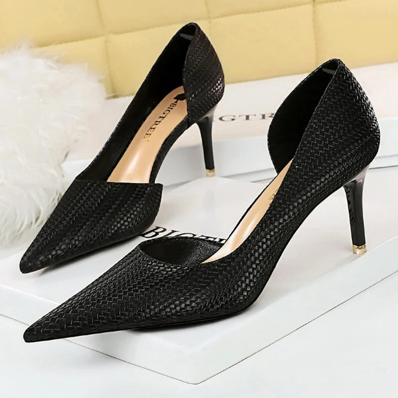 Weave Design Kitten Heels Women Shoes Pointed Stiletto Pumps
