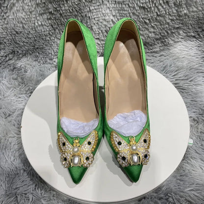 Green Satin Silk Pointy Toe High Heel Shoes with Glitter Butterfly Decor for Women