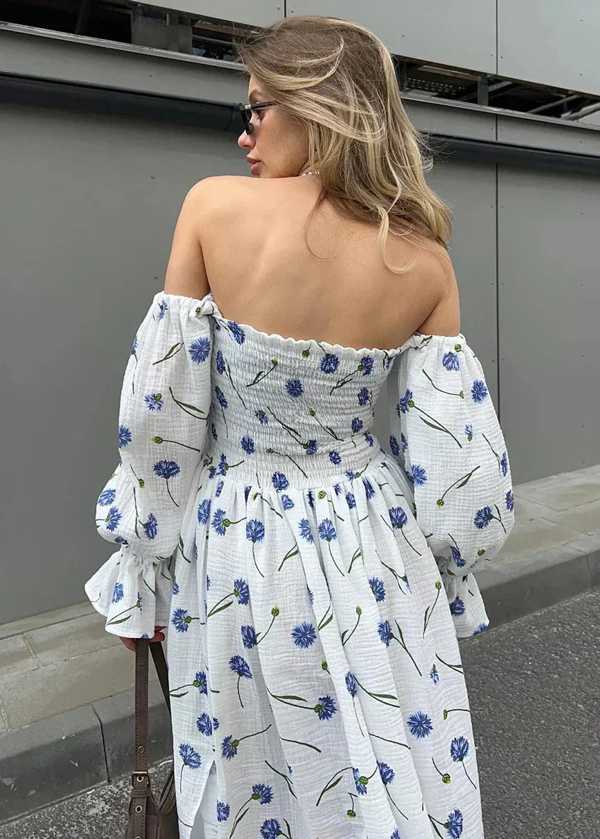 Off-Shoulder Smocked Puff Sleeve Floral Print Crinkled Midi Dress