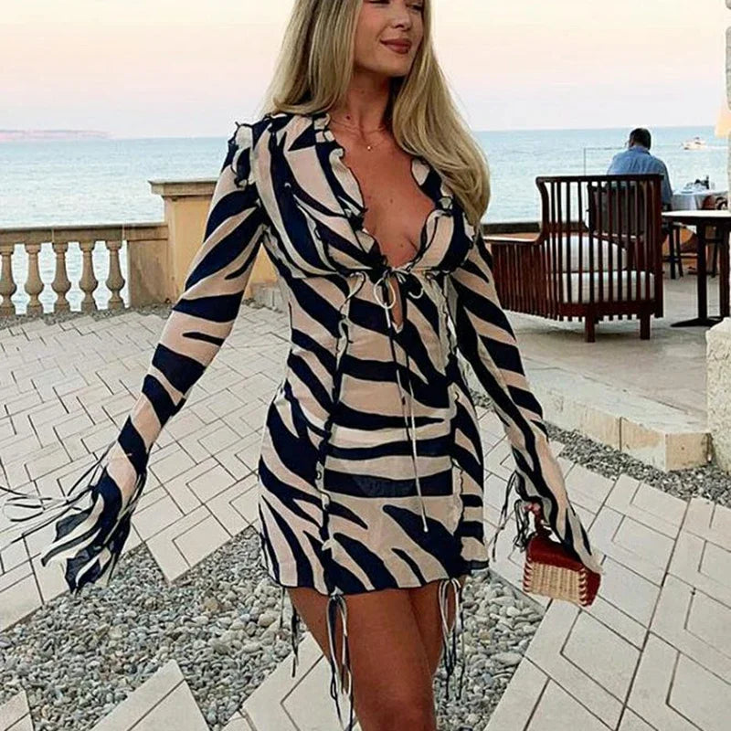 V Neck Zebra Print Ruffled Bodycon Dress