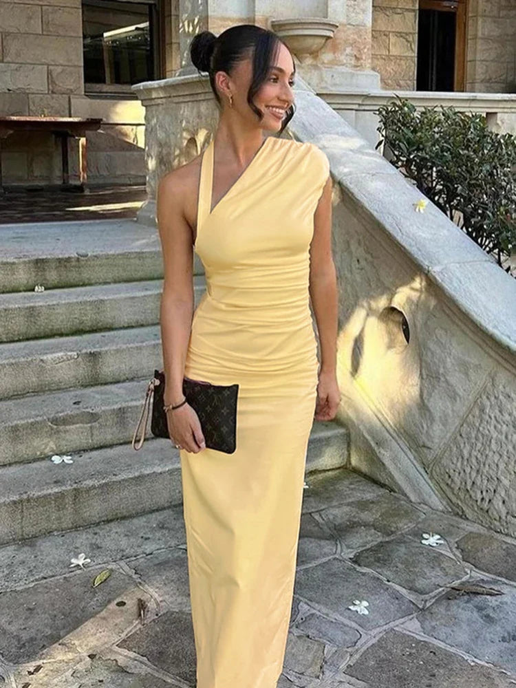 Slanted Collar Halter Ruched Maxi Dress