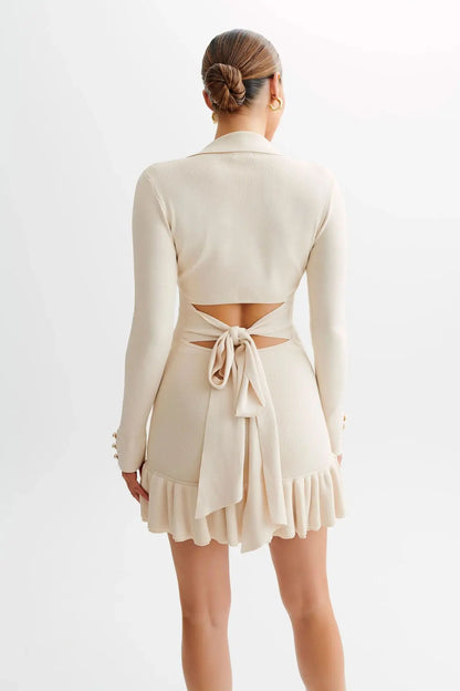 Contrast Knit Mini Dress | Slim Fit | Button Front | Ruffle Hem