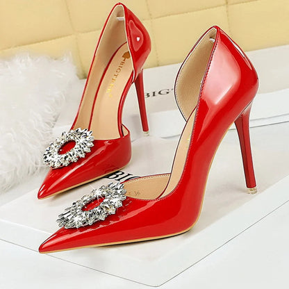 Patent Leather High Heel Pumps with Rhinestone Buckle