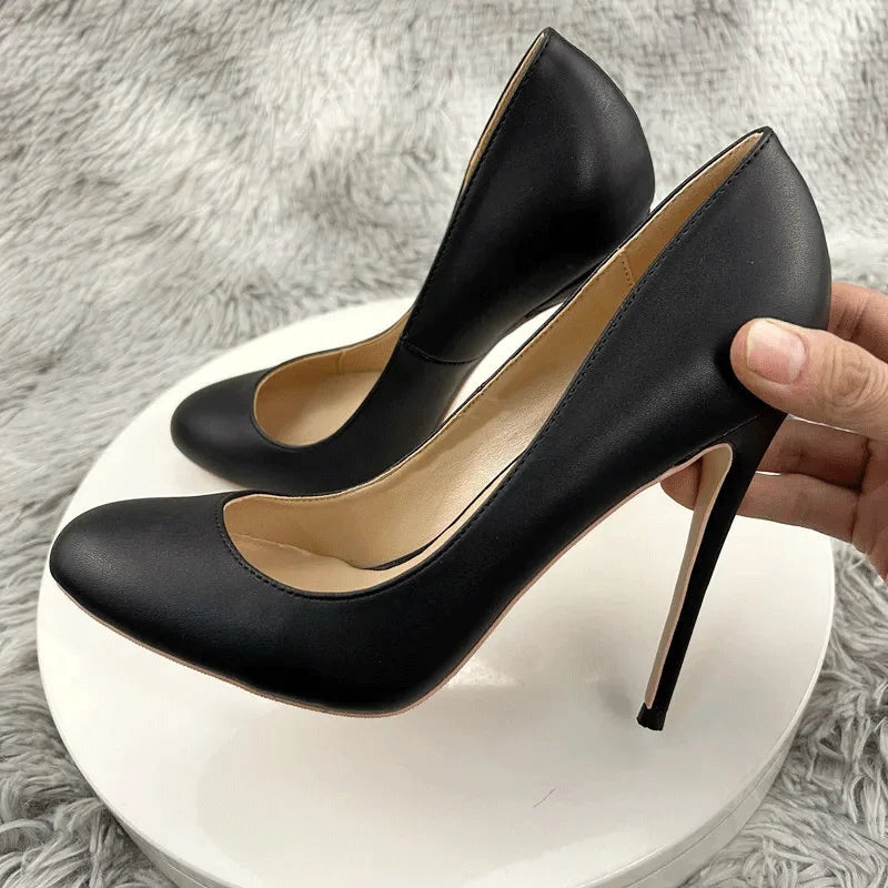 Black Matte Women Sexy Cute Round Toe High Heels - 10cm or 12cm