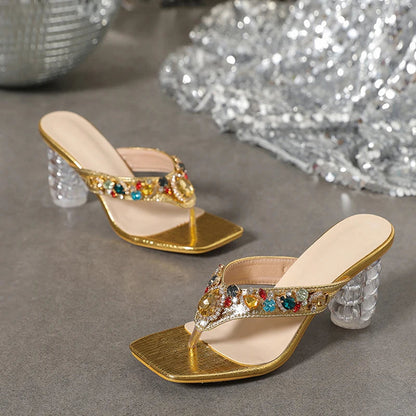 Gem Rivet Women Slippers Sandals with Transparent Low Heels