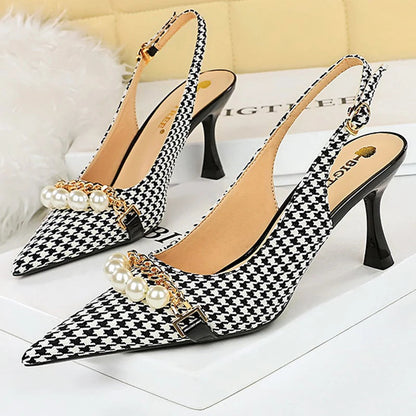 Spring Pearl Metal Chain High-heels Checked Grain Stilettos Women