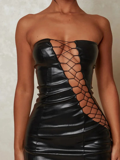 PU Leather Strapless Sleeveless Bodycon Dress