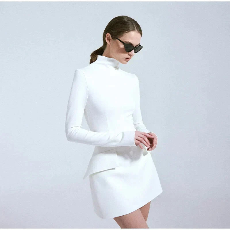 Mock Neck Padded Shoulder Hip Flap Bodycon Mini Dress