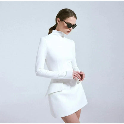 Mock Neck Padded Shoulder Hip Flap Bodycon Mini Dress
